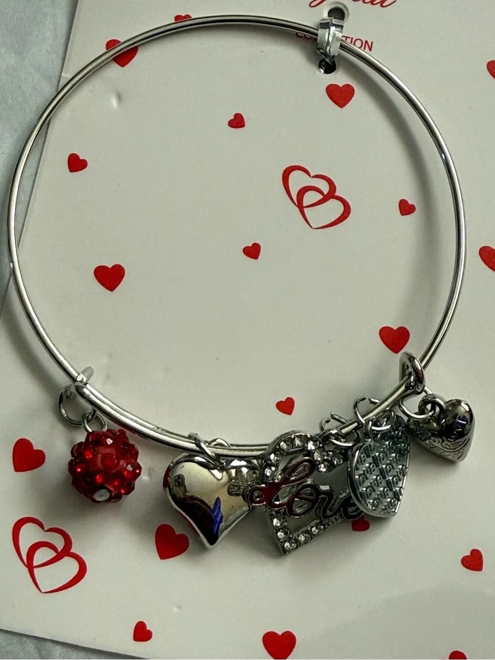 Silver Heart Charm Bangle Bracelet with Red Crystal Accent